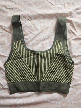 Fabletics Olive Green Striped Ribbed Sports Bra